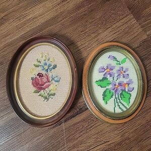 Pair Vintage Floral Needlepoint Flowers in Oval Frames Miss Matched 9x7 & 8x6.5